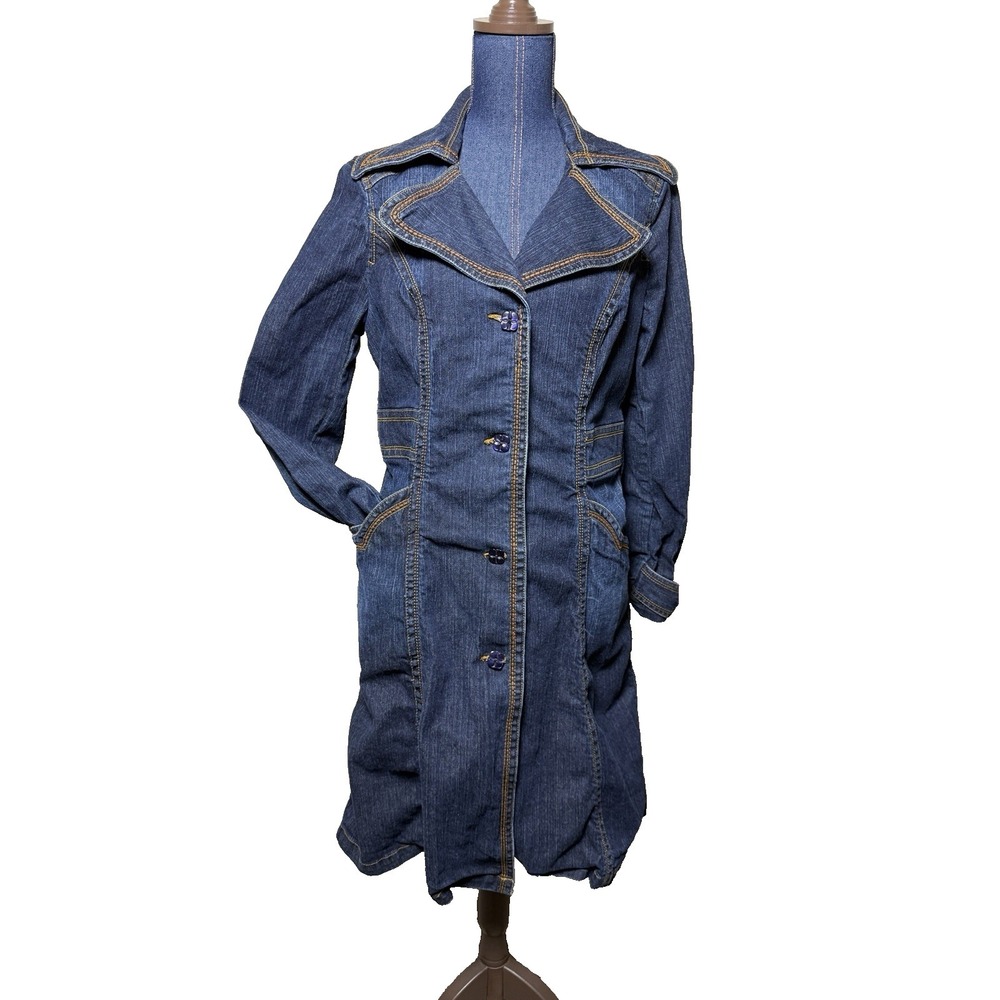 Kikit Jeans Woman's Large Denim Trench Coat Jacket Long Blue Jean Duster Y2K